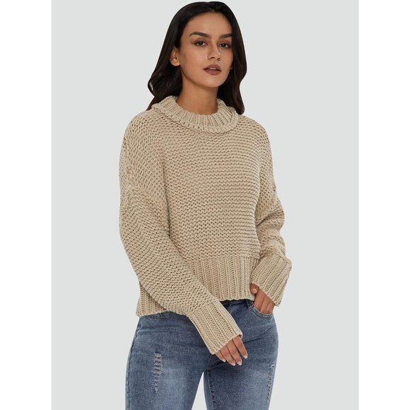 Women's Crewneck Chunky Knit Batwing Long Sleeve Loose Pullover Sweaters Tops - Picture 4 of 6